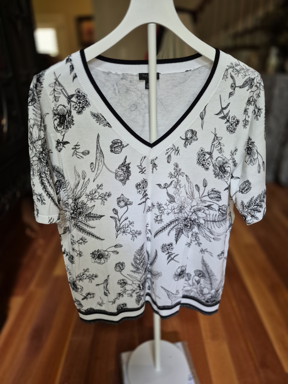 Talbots White Short-Sleeve V-Neck Top with Black Botanical Sketch Print